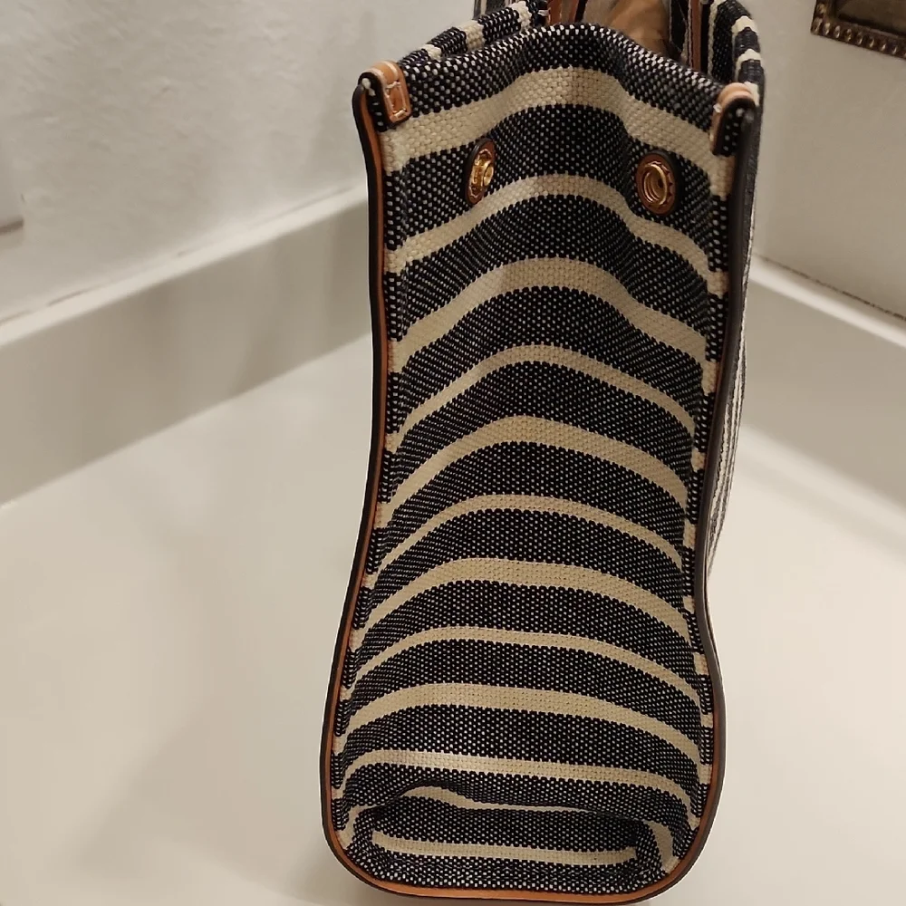 Tory Burch Striped Ella Tan and Black Tote Bag - Picture 4 of 11